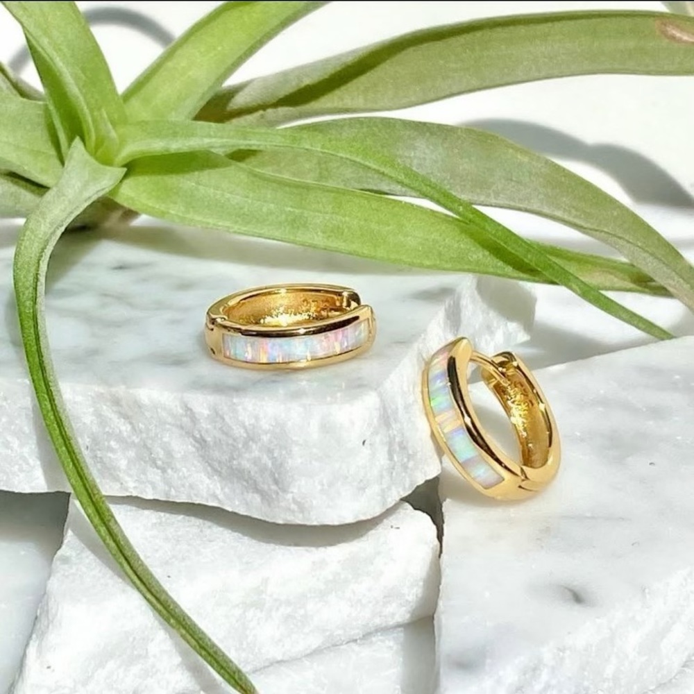 14K Yellow Gold Opal Huggie Hoop Earrings